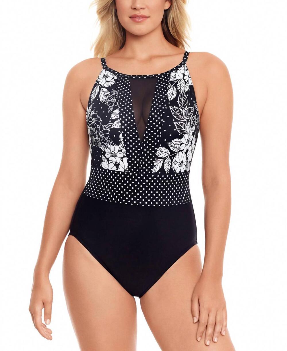 NEW SWIM SOLUTIONS high-neck one-piece swimsuit in new flower spot - Picture 1 of 1